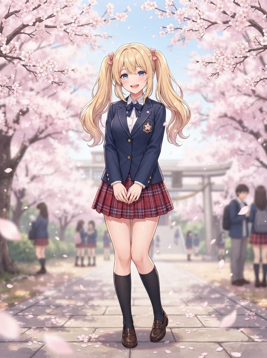 blonde twintails waifu under cherry blossoms