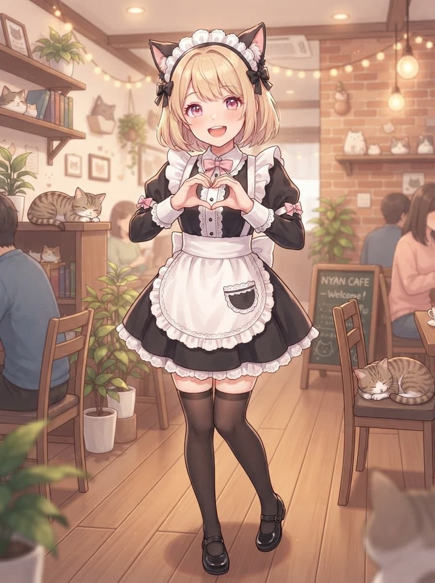 blonde short bob maid waifu with heart hands in cafe