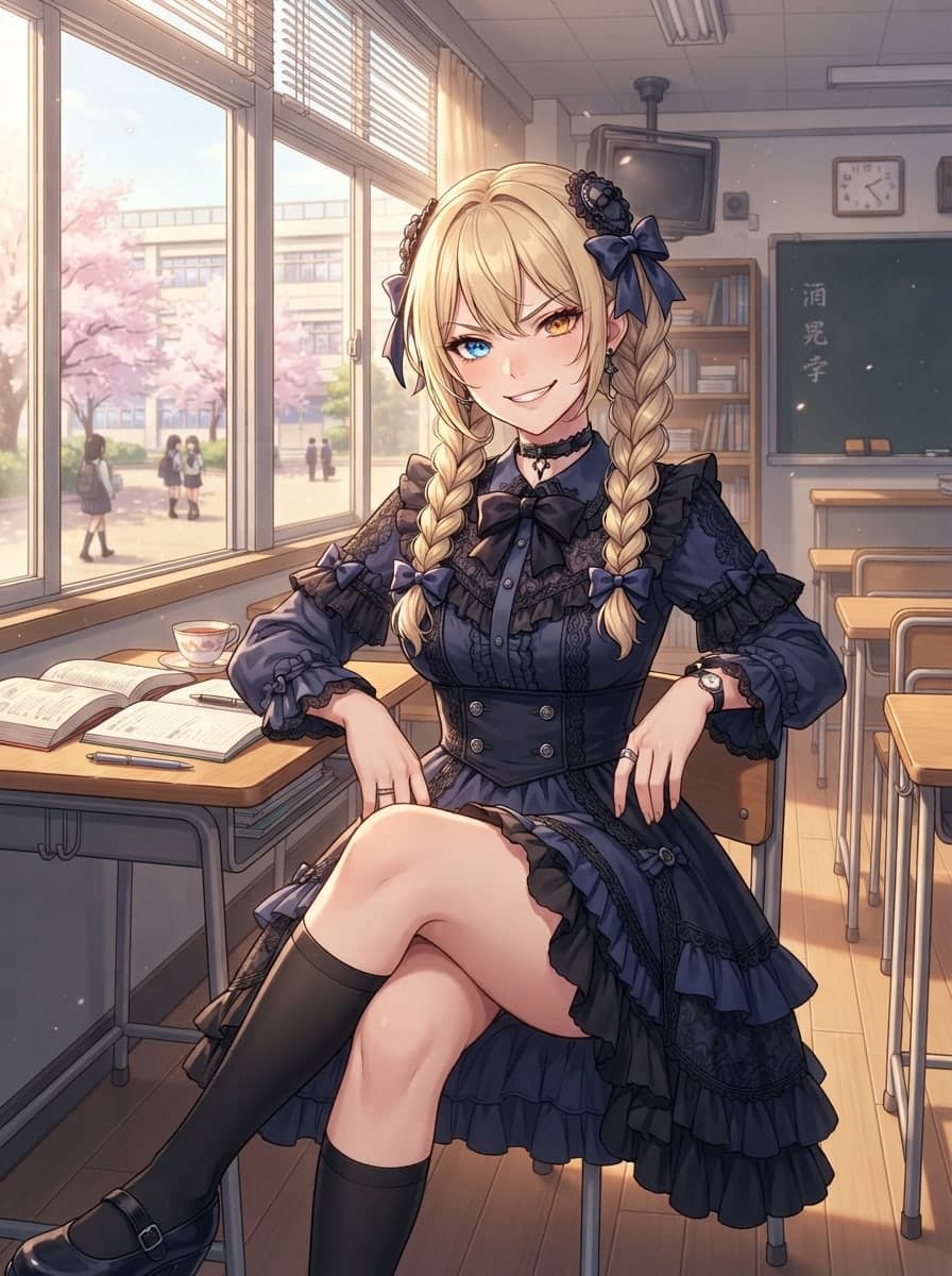 blonde twin braids gothic lolita waifu in classroom