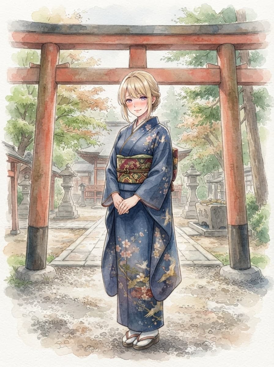 blonde hime cut kimono waifu at shrine