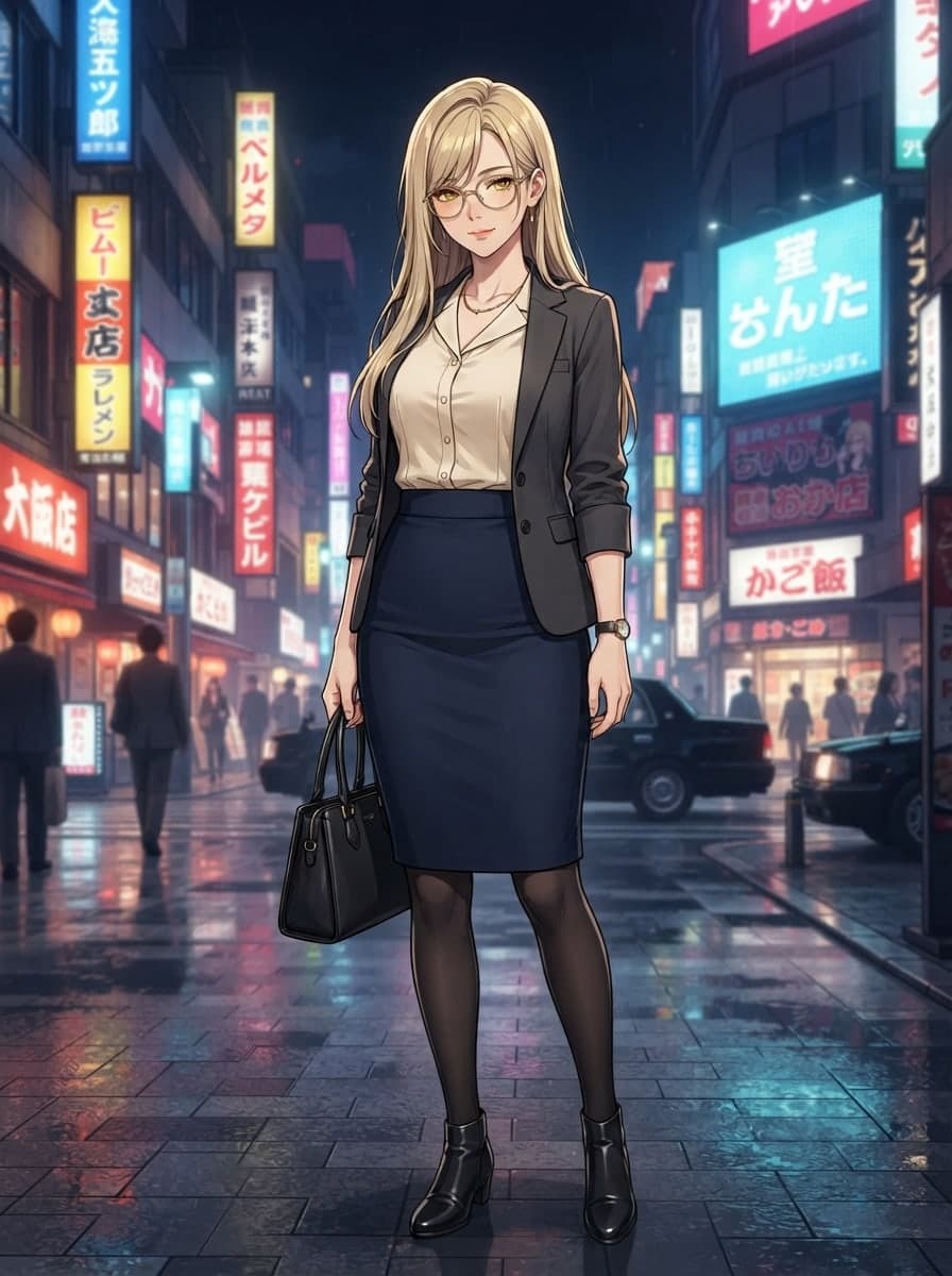 blonde long hair office lady waifu at city night