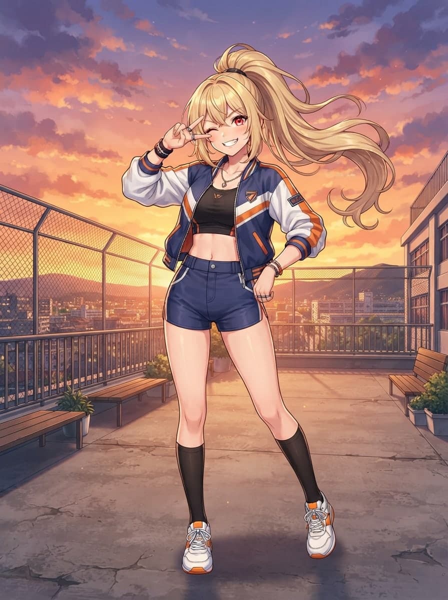 blonde high ponytail sporty waifu on rooftop at dusk