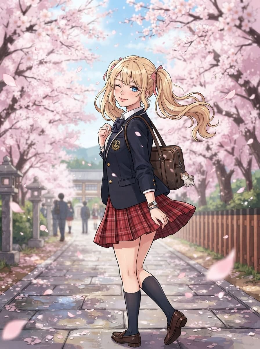blonde twintails waifu looking back under cherry blossoms