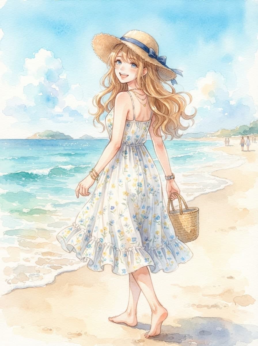blonde wavy hair waifu looking back on the beach