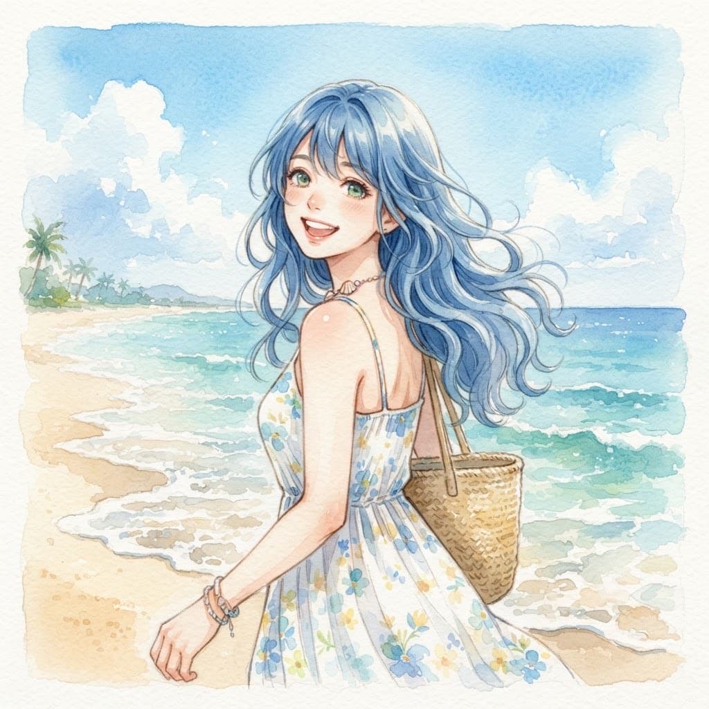blue wavy beach waifu