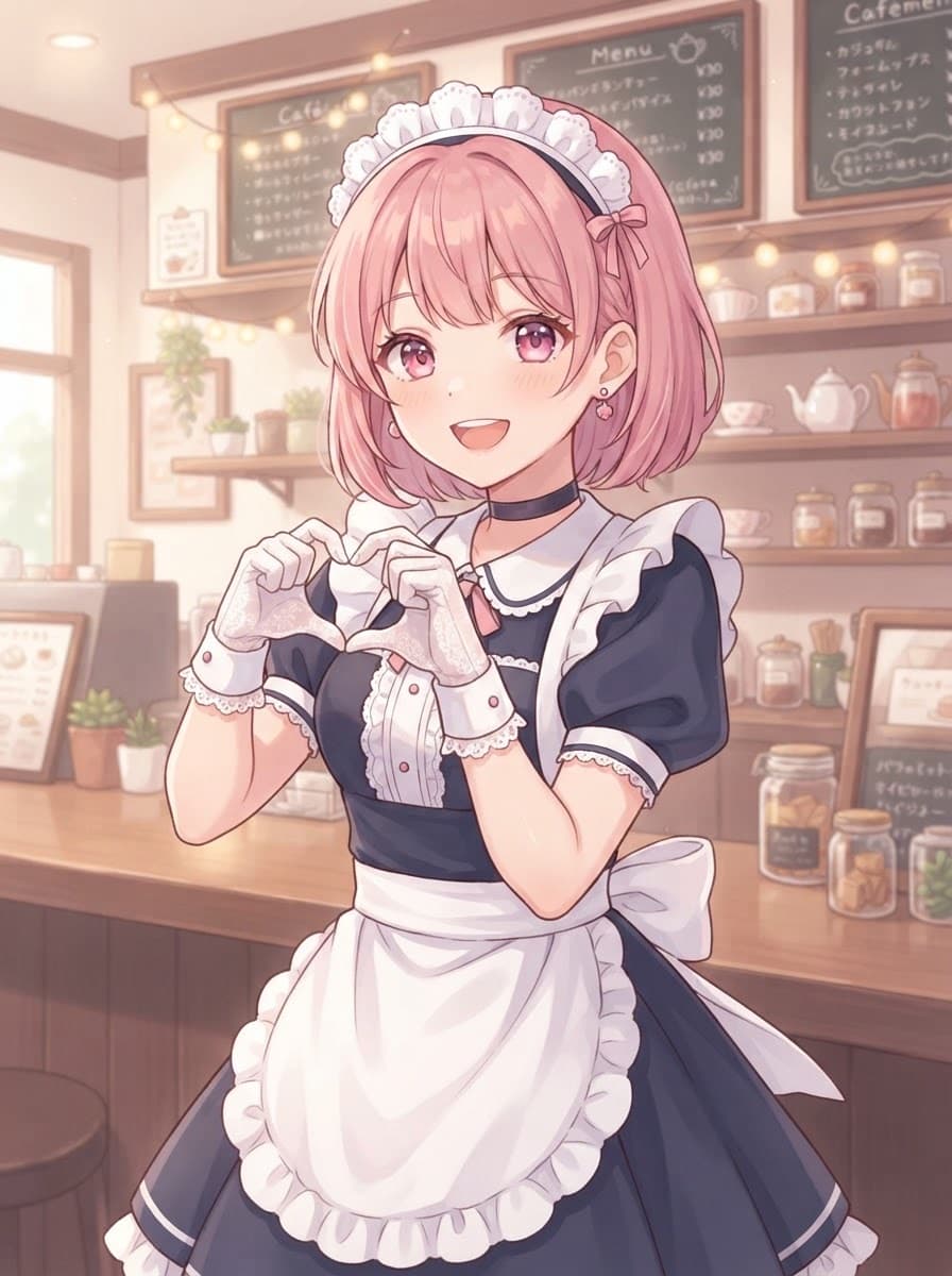 pink bob maid waifu in cafe