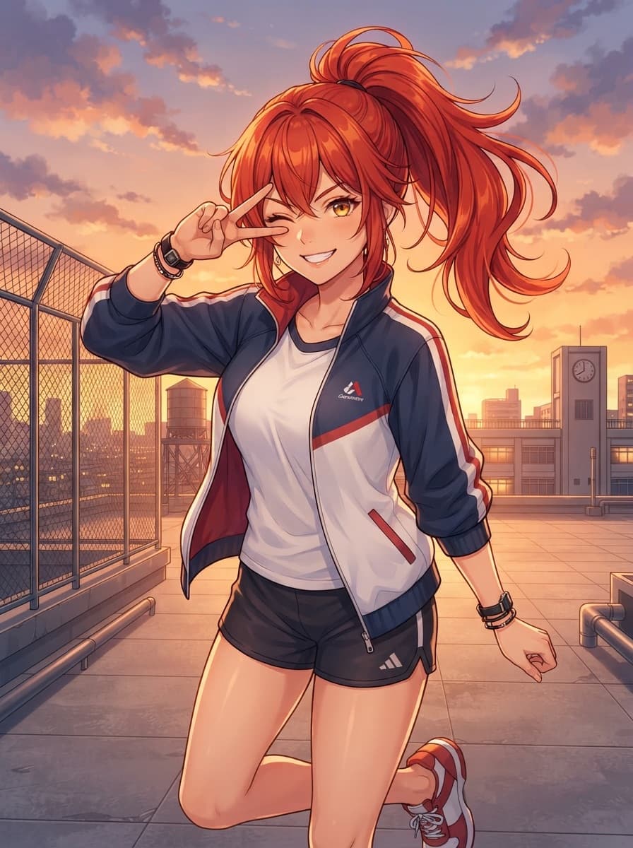 red ponytail sporty waifu on rooftop