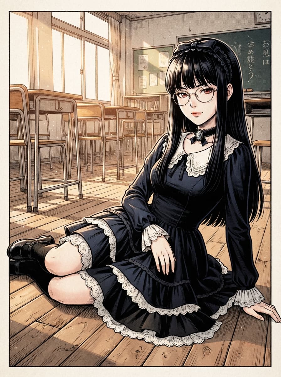 black hair gothic lolita waifu lying on side in classroom