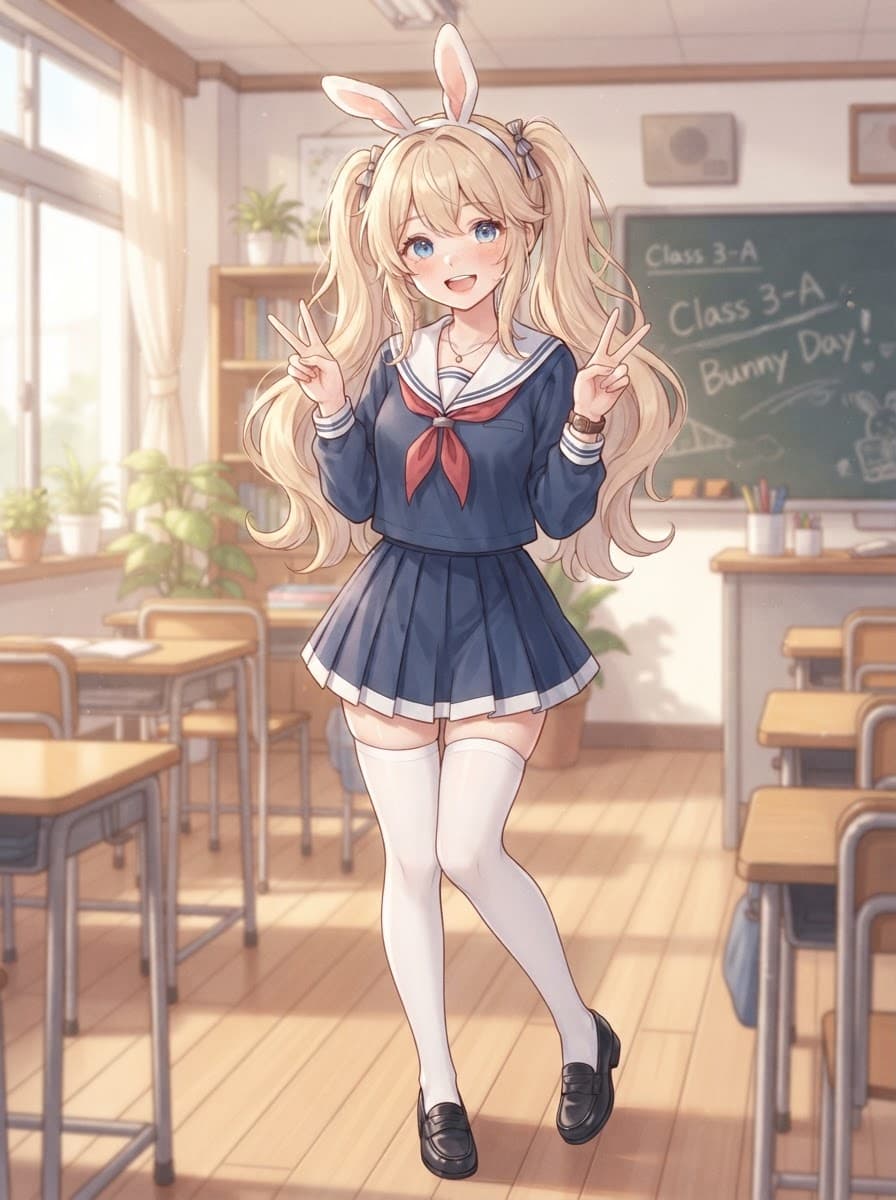blonde bunny ears sailor white thighhighs peace sign