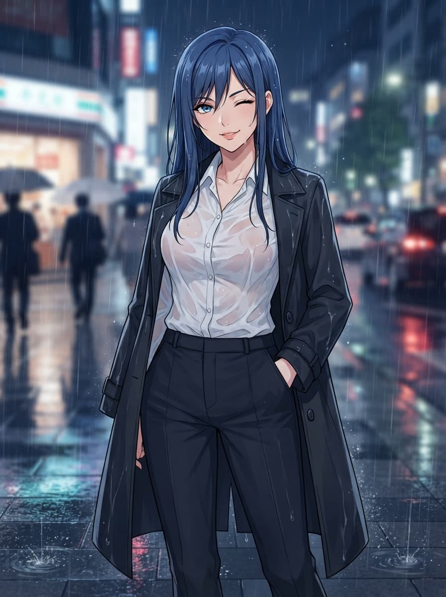 blue hair waifu wet clothes in the rain