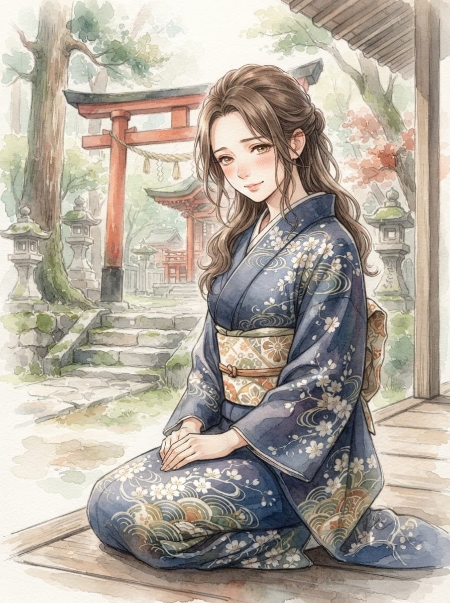 curvy brown hair waifu kimono seiza at shrine
