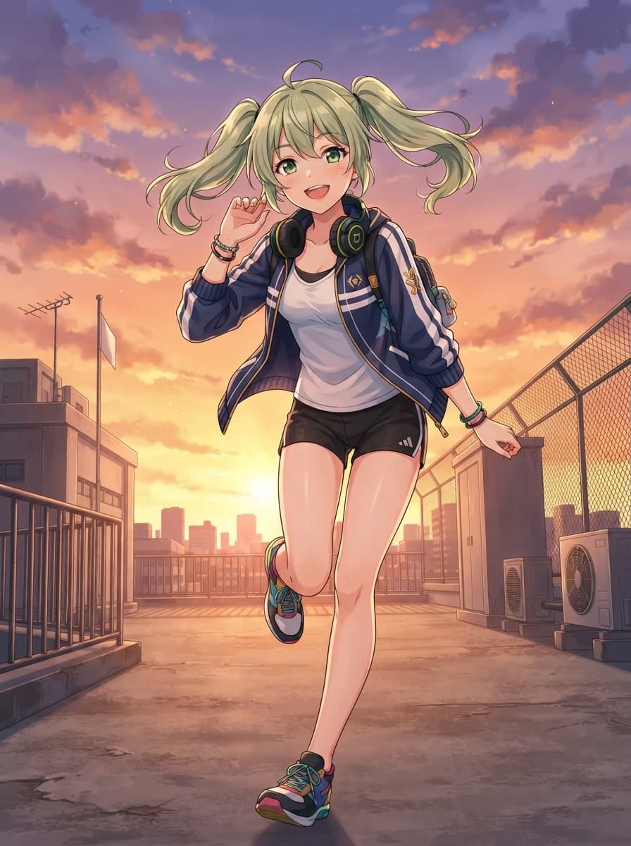mint twintails sporty waifu low angle rooftop