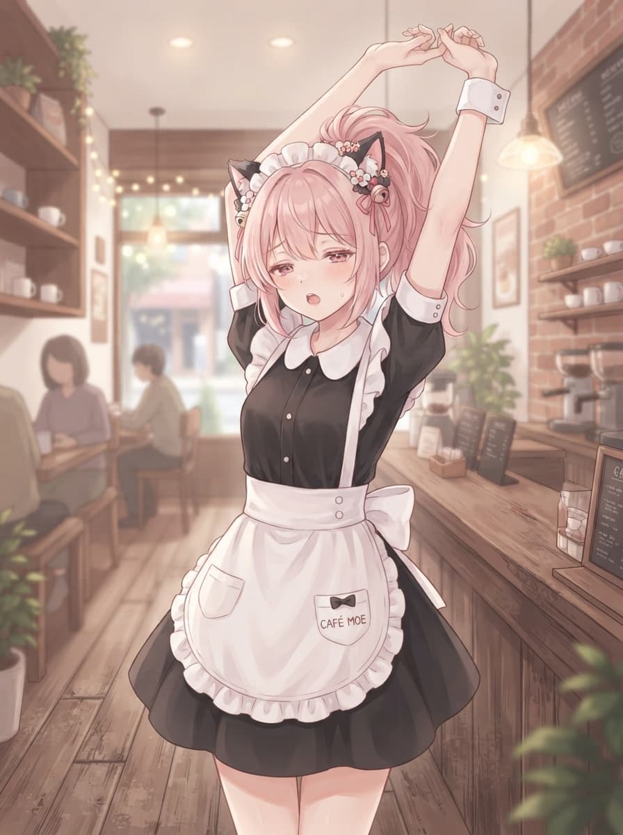 pink cat ears maid waifu stretching in cafe