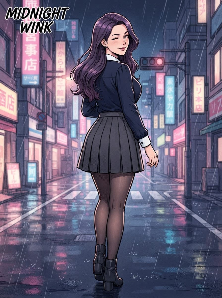 busty purple hair waifu pantyhose city night from behind