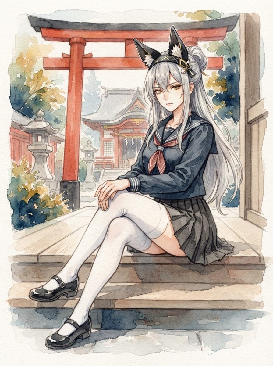 silver fox ears waifu white thighhighs crossed legs at shrine