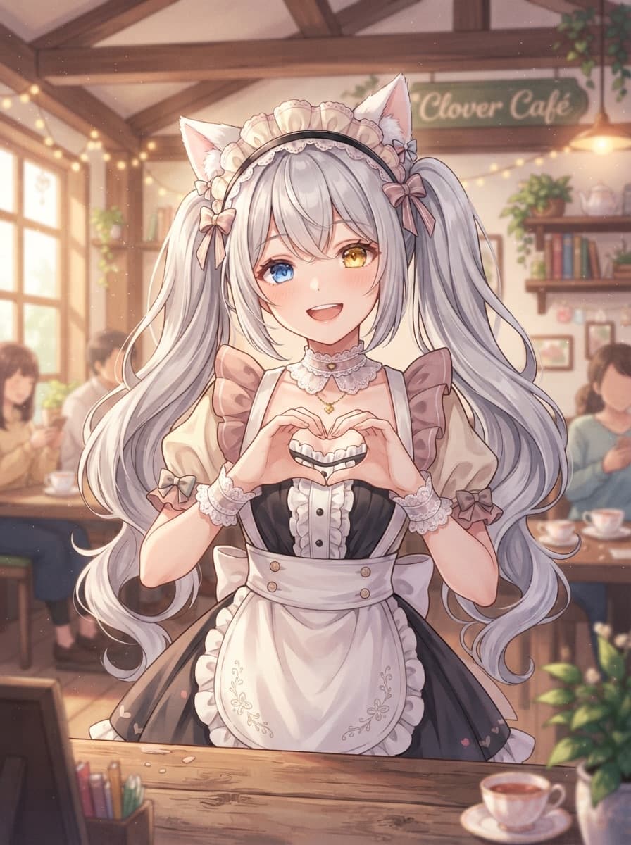 cute cat-ears maid anime girl cafe