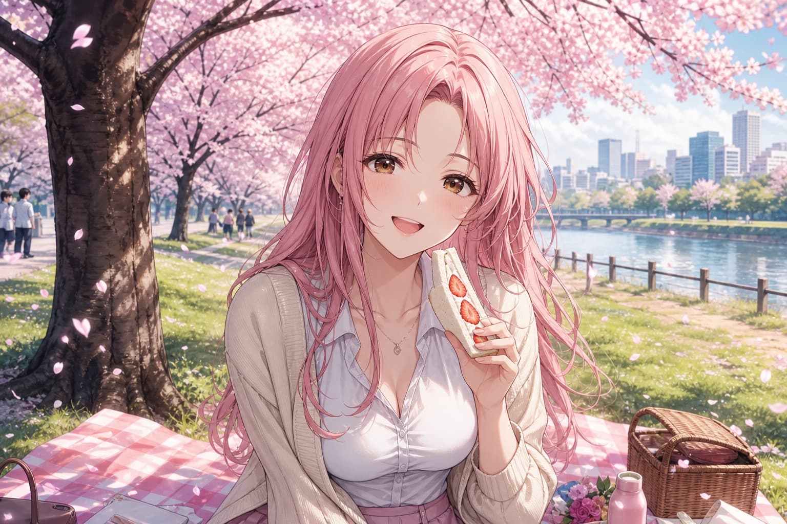 pink hair waifu at a cherry blossom picnic