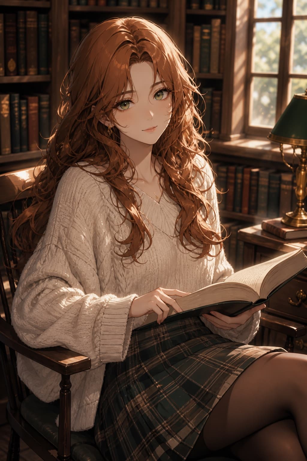auburn hair waifu reading in a wood-paneled library