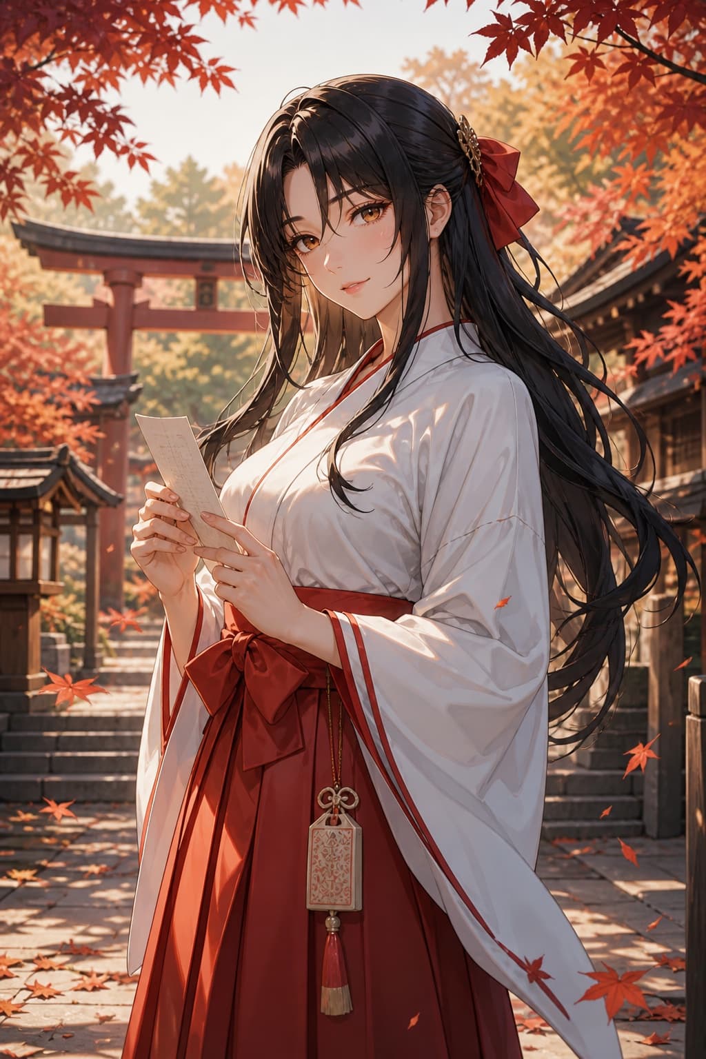 black hair shrine maiden waifu under autumn maple leaves