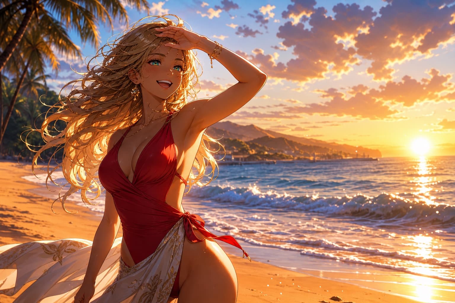 blonde wavy hair waifu on a tropical beach at sunset