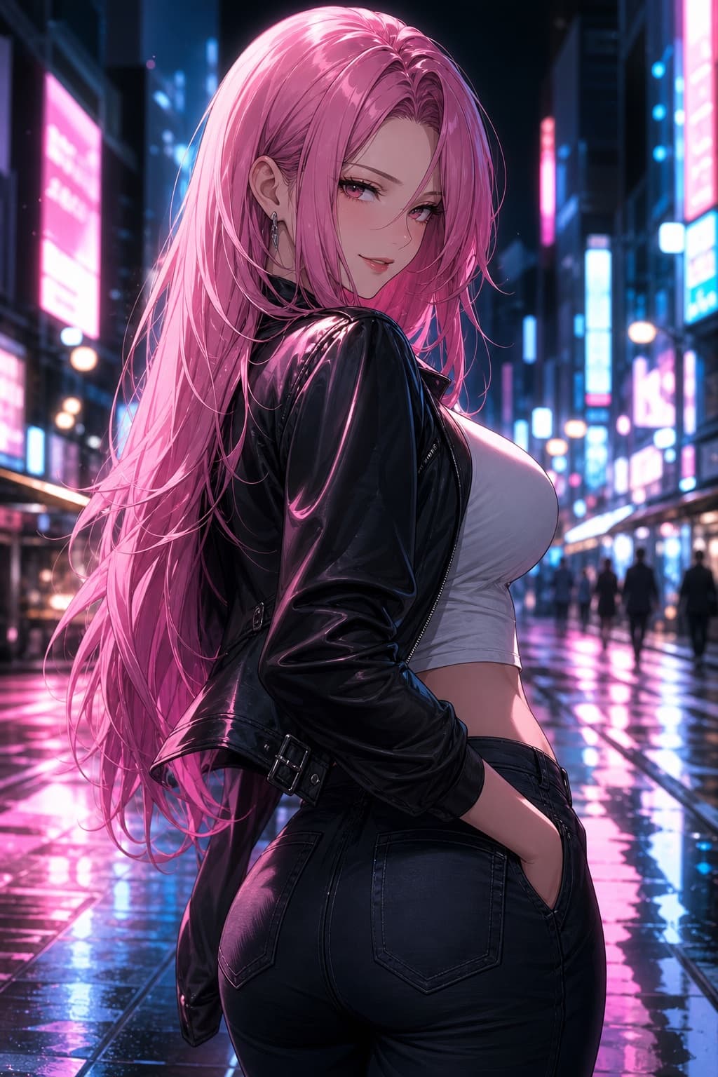 pink hair waifu in leather jacket on a neon city street