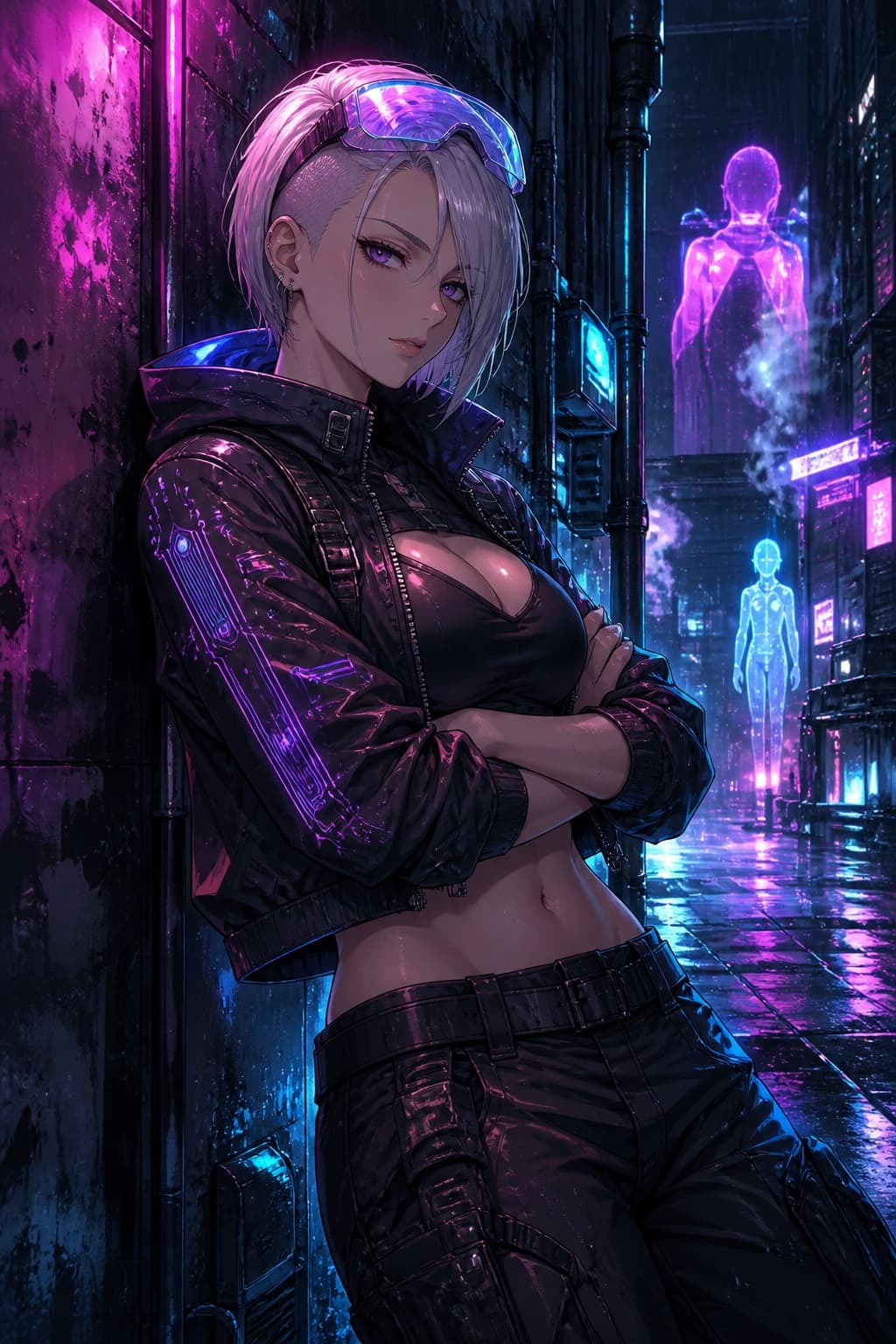 silver undercut cyber waifu in a neon rain alley