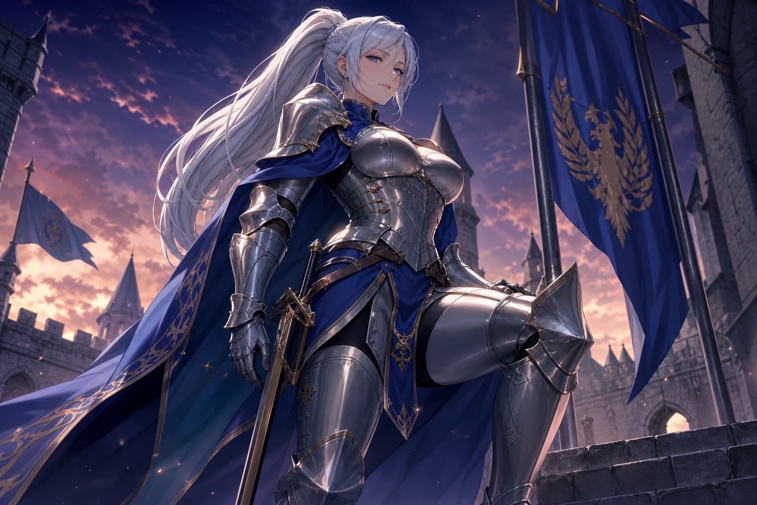 silver ponytail knight waifu before a castle at dusk